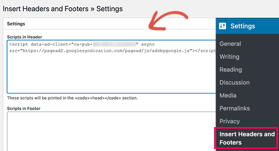 WordPress AdSense - Insert Headers and Footers Settings